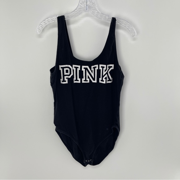 PINK Victoria's Secret Tops - Victoria Secret Pink Black Logo Bodysuit